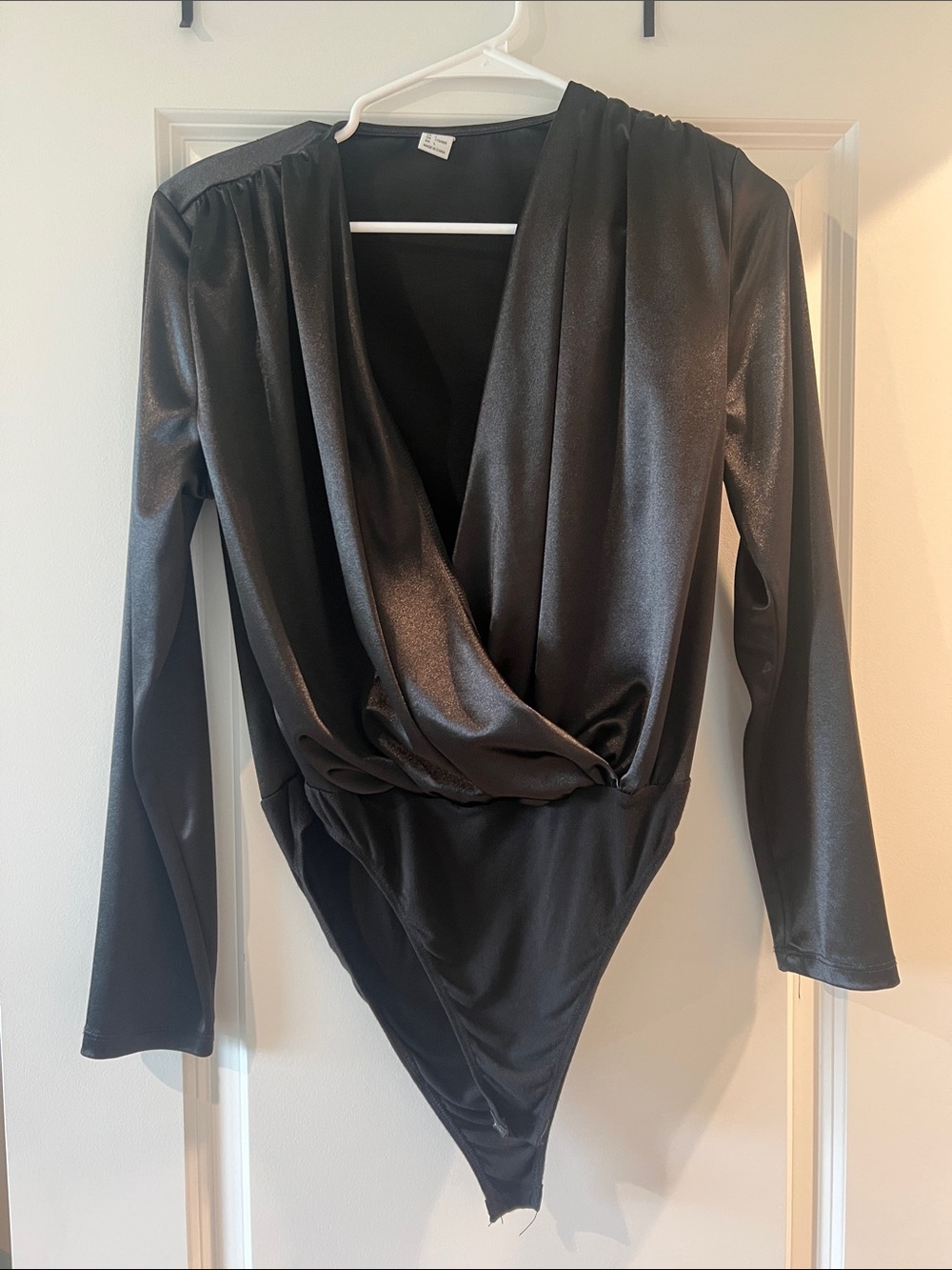 Amazon Black Satin-Look Wrap Long-Sleeve Bodysuit